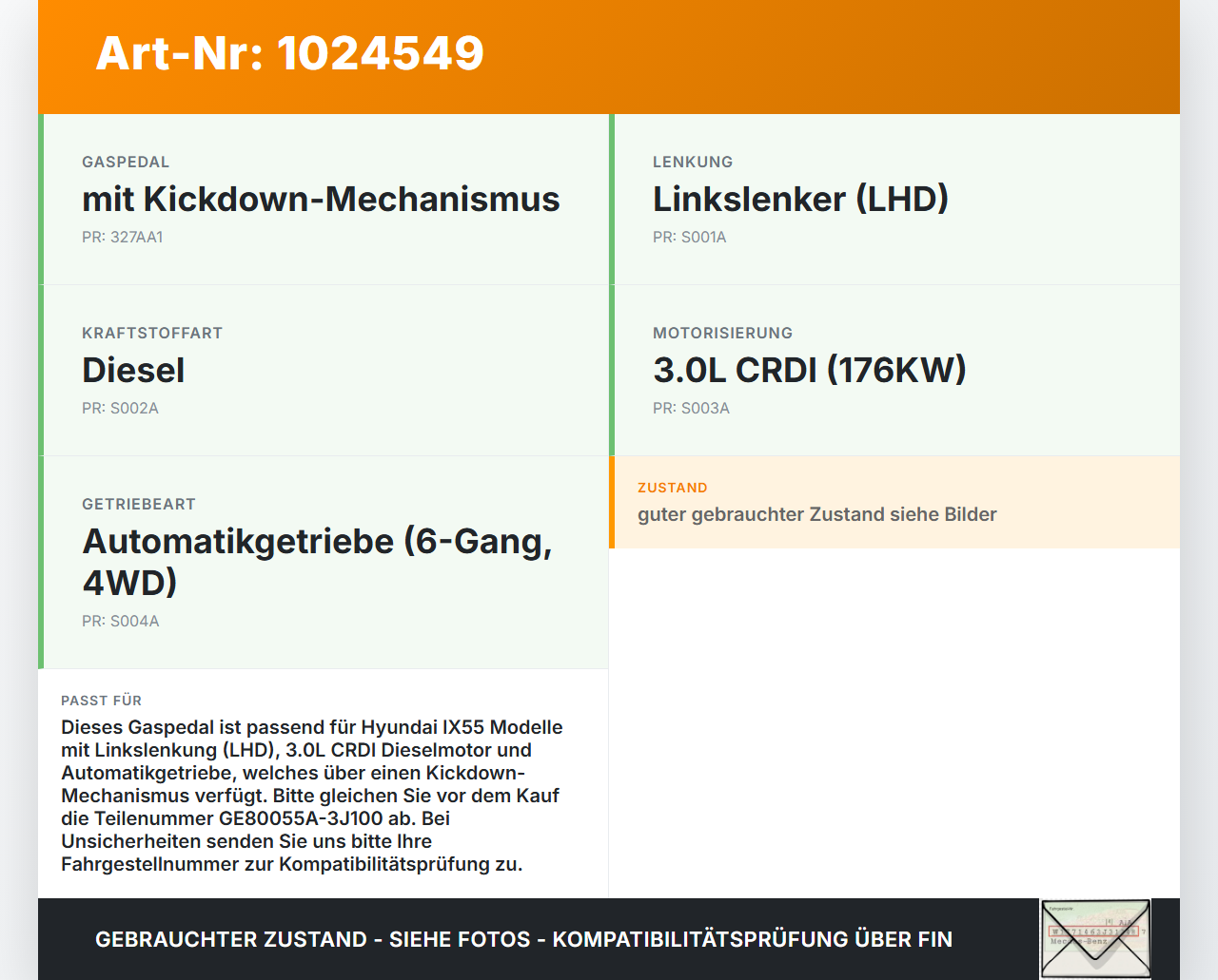 Hyundai IX55 09-11 CRDI 3,0 176KW Gaspedal Gaswertgeber Fahrpedal Hyundai IX55 09-11 09.02.2012 GE80055A-3J100 gebraucht Vorschau 3