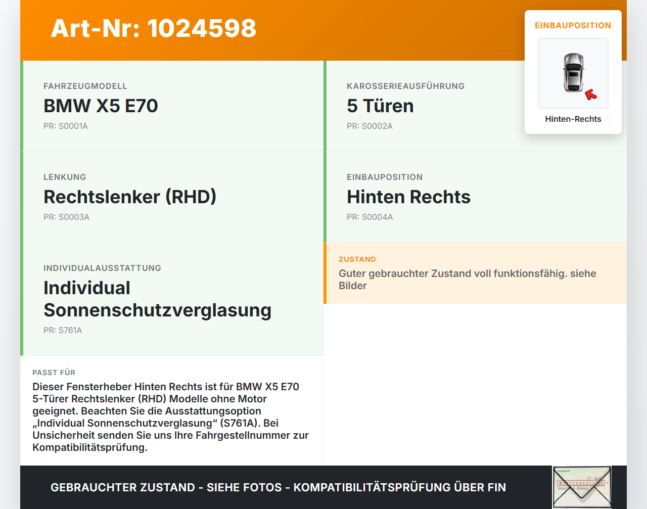 BMW X5 E70 07-10 Fensterheber o. FH-Motor Hinten Rechts BMW X5 E70 07-10 07.10.2008 7166382 51357166382 gebraucht Vorschau 3