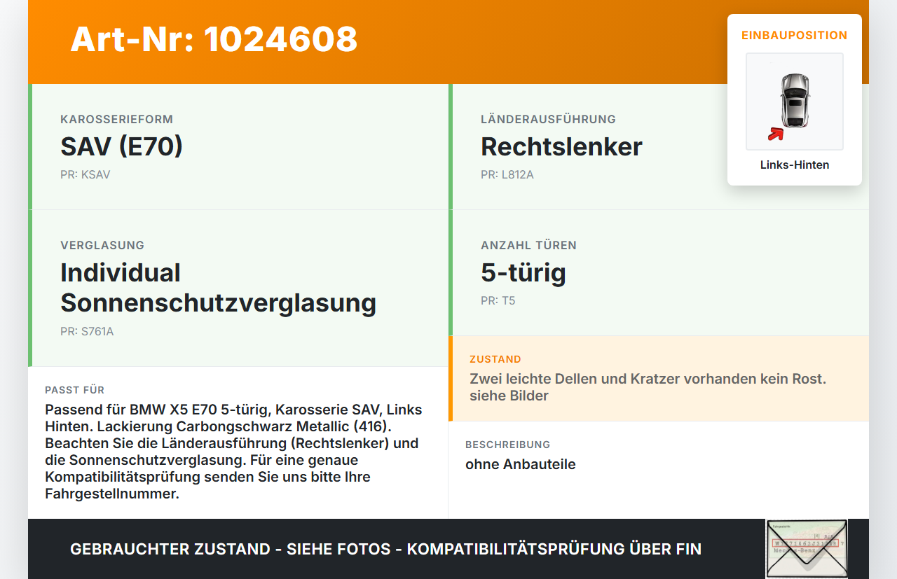 BMW X5 E70 07-10 Tür Links Hinten 416 BMW X5 E70 07-10 07.10.2008 7261481 41527261481 gebraucht Vorschau 3