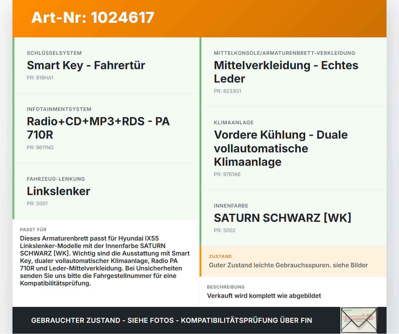 Hyundai IX55 09-11 Armaturenbrett Panel komplett Hyundai IX55 09-11 09.02.2012 4DH14U18C5W gebraucht Vorschau 3