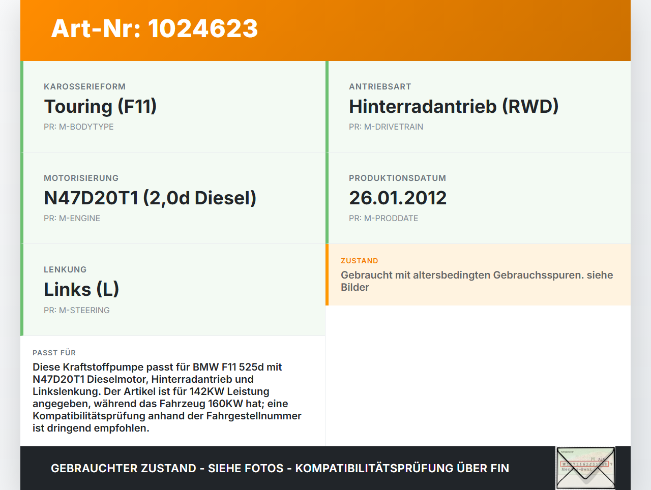 BMW F11 525d 10-14 2,0d 142KW Kraftstoffpumpe Kraftstoff Förderpumpe Tankgeber BMW F11 525d 10-14 04.04.2013... Vorschau 3