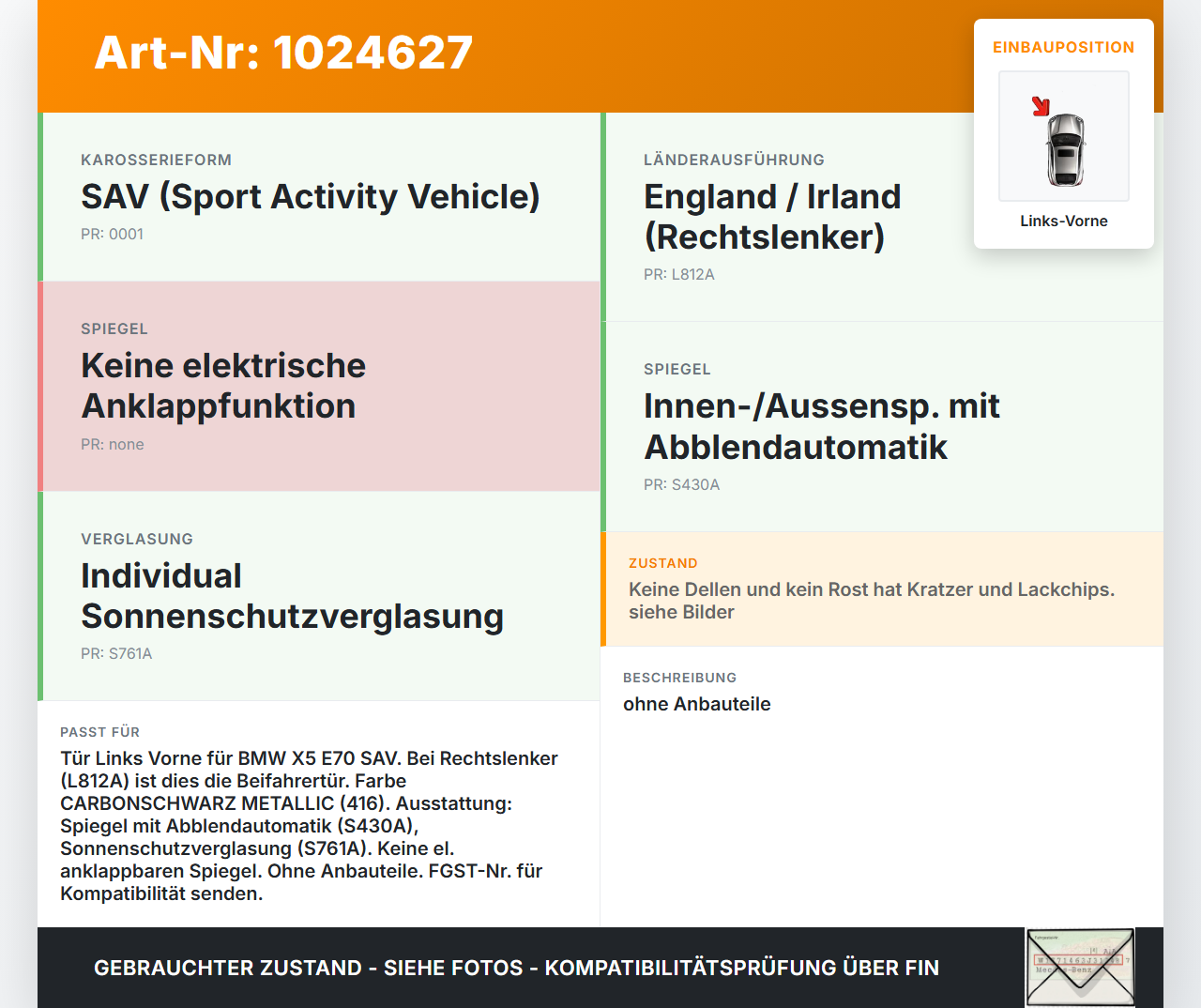 BMW X5 E70 07-10 Tür Fahrertür Links Vorne 416 BMW X5 E70 07-10 07.10.2008 7211423 41517211423 gebraucht Vorschau 3
