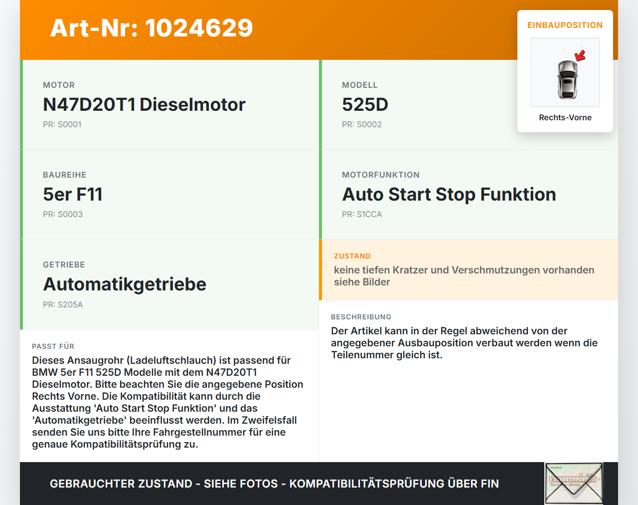 BMW F11 525d 10-14 2,0d 142KW Ansaugrohr Ladeluftschlauch Luftschlauch Pos.1 Rechts Vorne BMW F11 525d 10-14... Vorschau 3