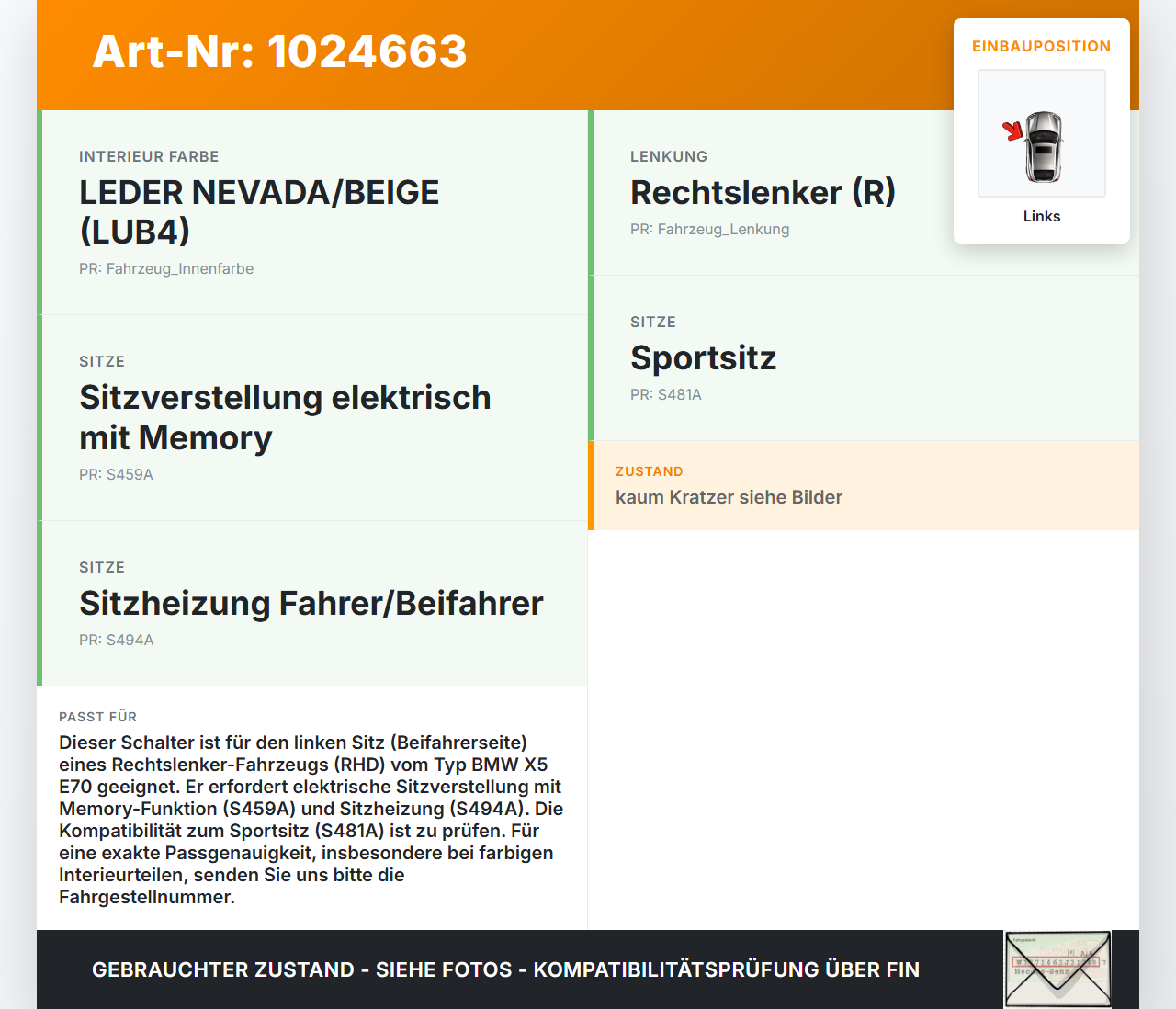 BMW X5 E70 07-10 Schalter Links für Sitzverstellung BMW X5 E70 07-10 07.10.2008 6961857-01 8347774-01 53382100 gebraucht Vorschau 3