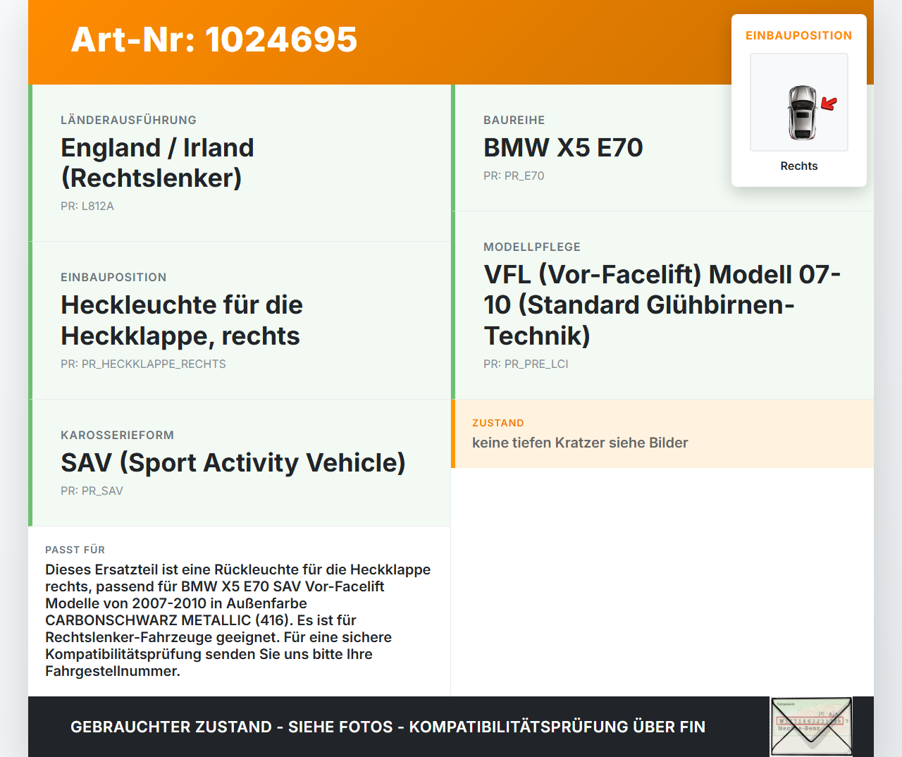 BMW X5 E70 07-10 Rückleuchte Heckleuchte für Klappe Rechts BMW X5 E70 07-10 07.10.2008 7295340 gebraucht Vorschau 3