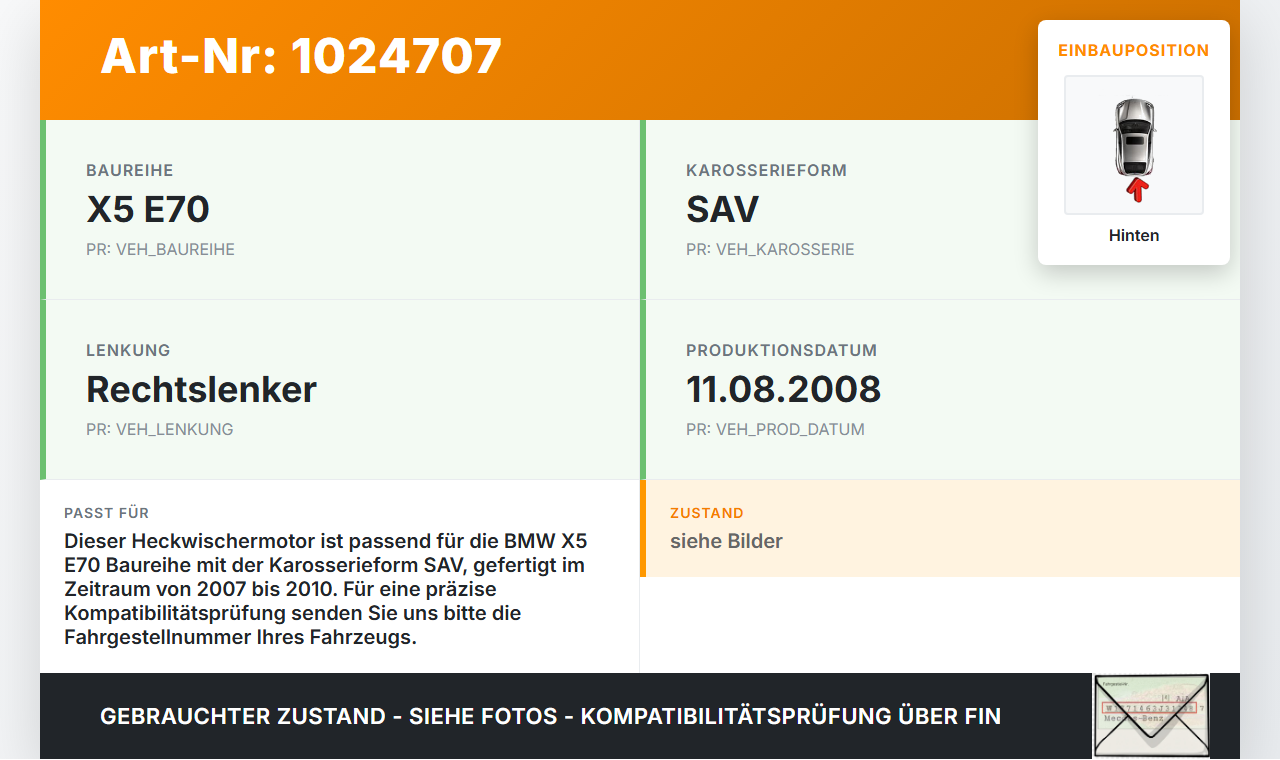 BMW X5 E70 07-10 Wischermotor Hinten Heckwischermotor BMW X5 E70 07-10 07.10.2008 6942165 6942165-06 W000000107... Vorschau 3