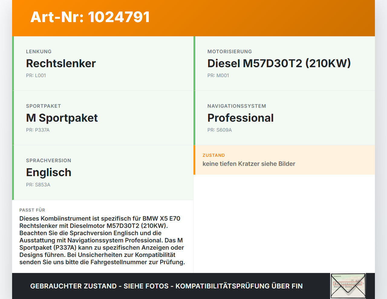 BMW X5 E70 07-10 3,0d 210KW Kombiinstrument Tacho BMW X5 E70 07-10 07.10.2008 9236819 62109236819 6976284 gebraucht Vorschau 3