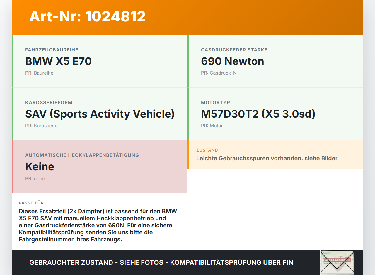 BMW X5 E70 07-10 2x Dämpfer für Heckklappe Gasdruckfeder 690N BMW X5 E70 07-10 07.10.2008 7177283 7177283... Vorschau 3