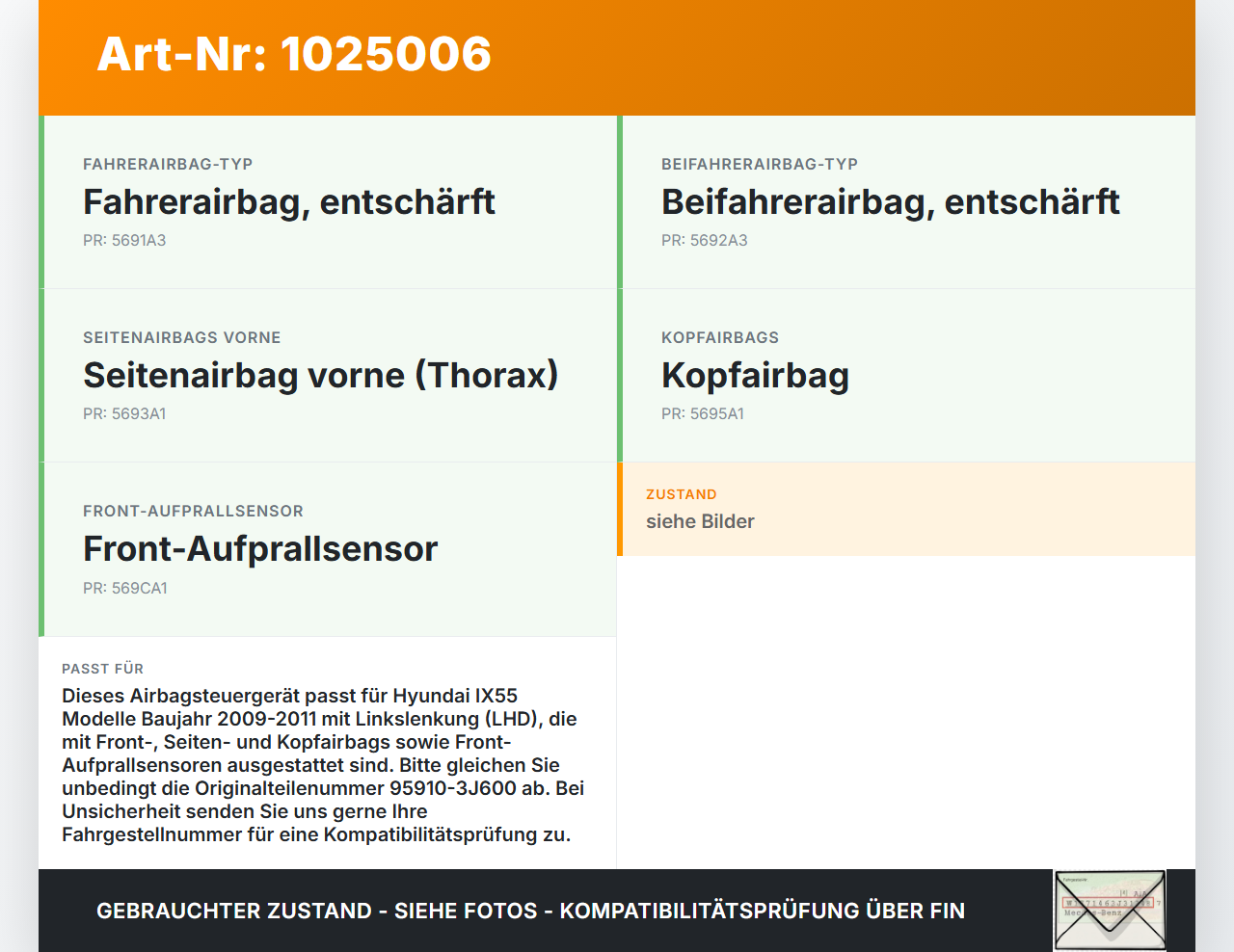 Hyundai IX55 09-11 Airbag Steuergerät Airbagsteuergerät Hyundai IX55 09-11 09.02.2012 95910-3J600 611257500C... Vorschau 3