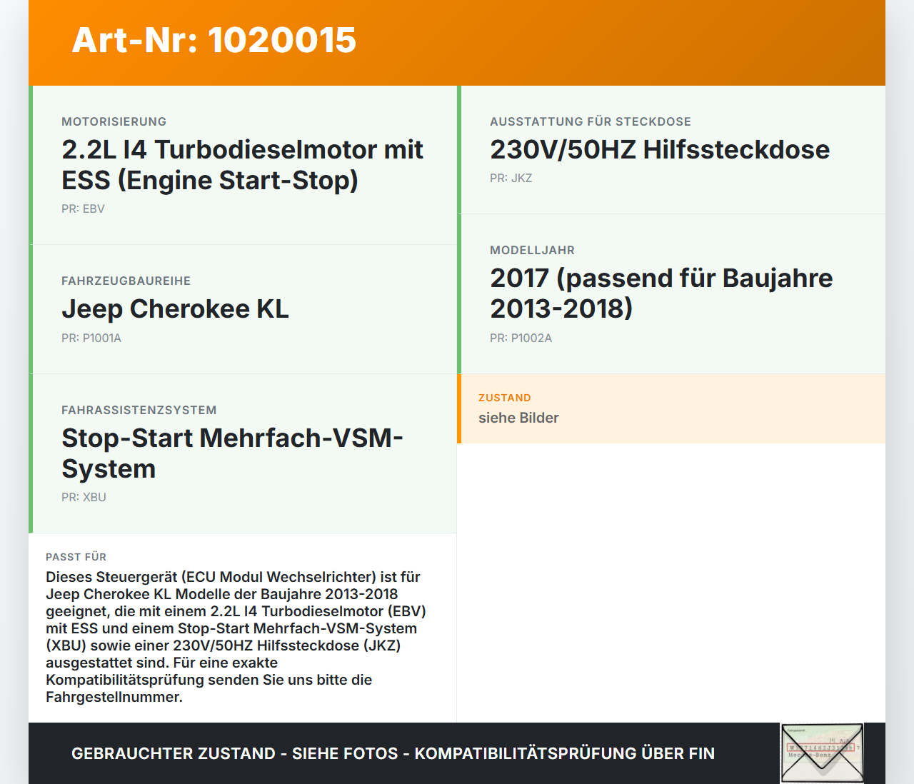 Jeep Cherokee KL 13-18 Steuergerät ECU Modul Wechselrichter für Onboard Elektronik Jeep Cherokee KL 13-18... Vorschau 3