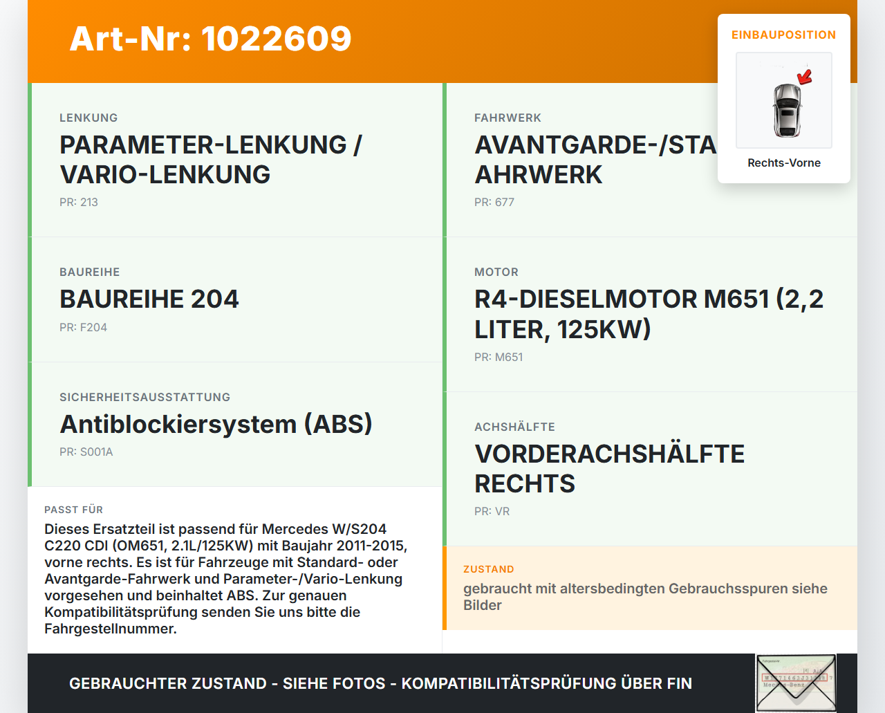 Mercedes S204 W204 C220 11-15  2,1 125KW Achsschenkel Radnabe mit ABS Rechts Vorne Mercedes S204 W204 C220 11-15... Vorschau 3