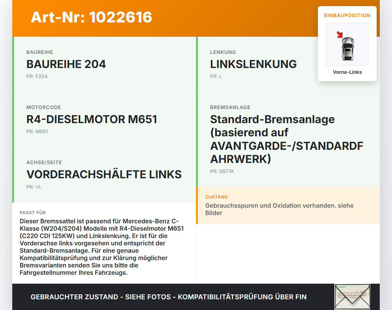 Mercedes S204 W204 C220 11-15  2,1 125KW Bremssattel Bremszange Vorne Links Mercedes S204 W204 C220 11-15... Vorschau 3