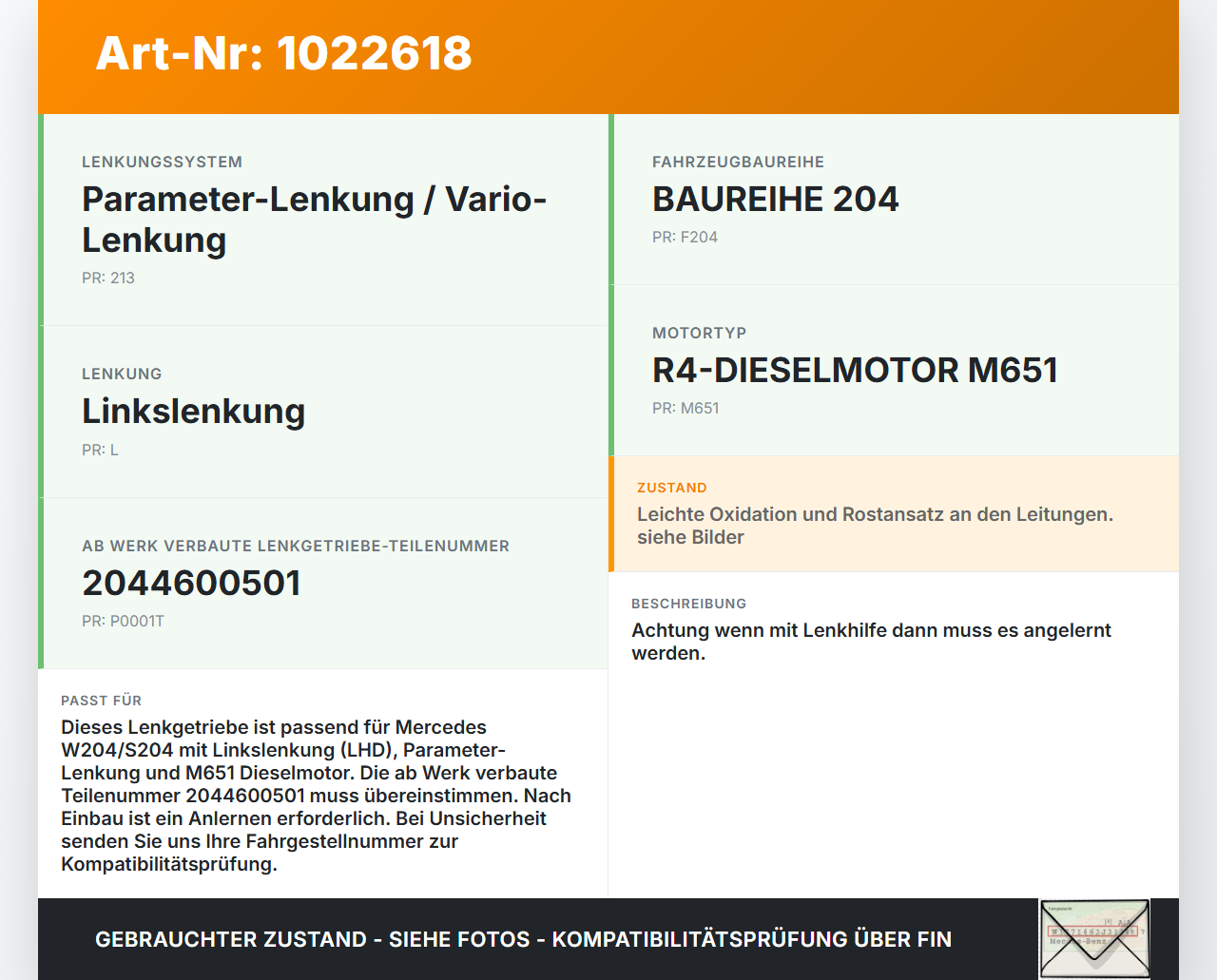 Mercedes S204 W204 C220 11-15 Lenkgetriebe Servolenkung Mercedes S204 W204 C220 11-15 01.09.2011 2044600501 gebraucht Vorschau 3