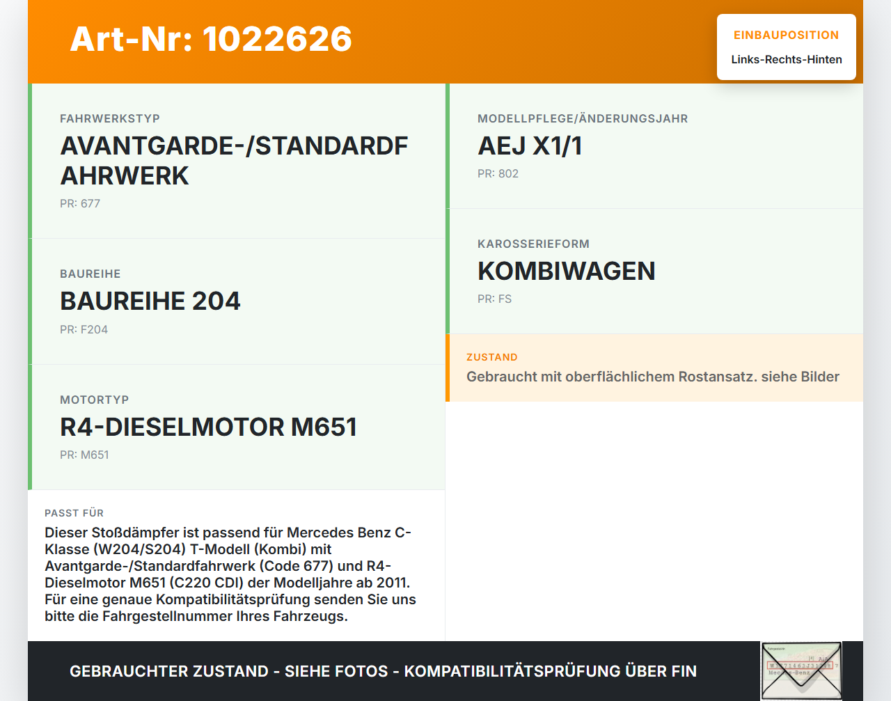 Mercedes S204 W204 C220 11-15  Kombi Stossdämpfer Links und Rechts Hinten Mercedes S204 W204 C220 11-15 01.09.2011... Vorschau 3