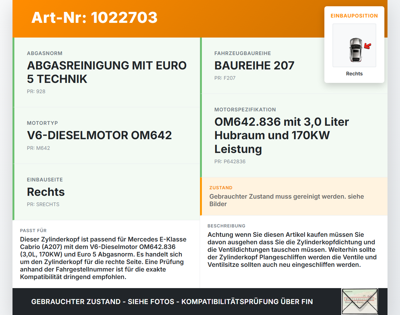 Mercedes E350 A207 10-13 CDI 3,0 170KW 642836 Zylinderkopf Rechts Mercedes E350 A207 10-13 17.03.2010 A6420109020... Vorschau 3