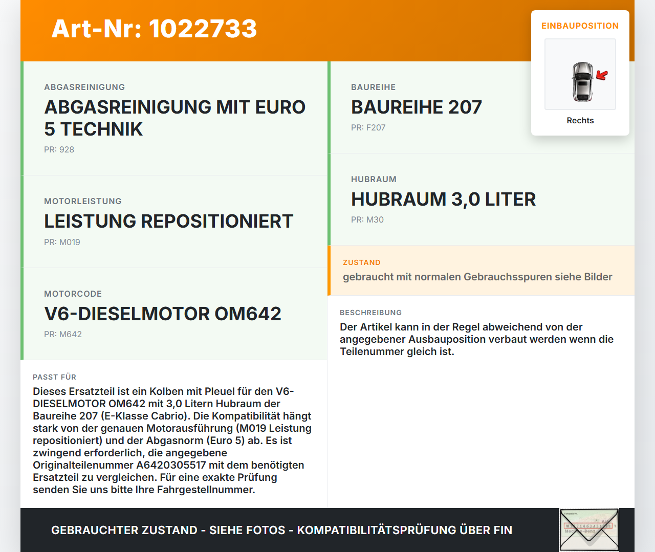 Mercedes E350 A207 10-13 CDI 3,0 170KW 642836 Kolben mit Pleuel Pos F 1-3 Rechts Mercedes E350 A207 10-13... Vorschau 3