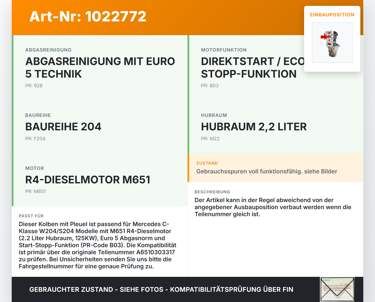 Mercedes S204 W204 C220 11-15  2,1 125KW 651911 Kolben mit Pleuel Pos C Mercedes S204 W204 C220 11-15 01.09.2011... Vorschau 3