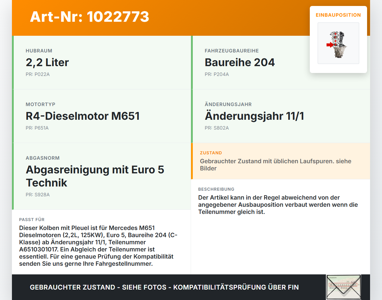 Mercedes S204 W204 C220 11-15  2,1 125KW 651911 Kolben mit Pleuel Pos A Mercedes S204 W204 C220 11-15 01.09.2011... Vorschau 3