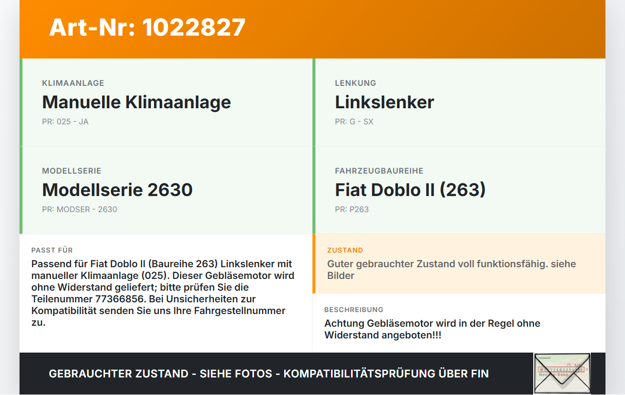 Fiat Doblo II 263 10-15 Gebläsemotor Lüftermotor Heizungsgebläse Fiat Doblo II 263 10-15 30.05.2011 77366856 gebraucht Vorschau 3