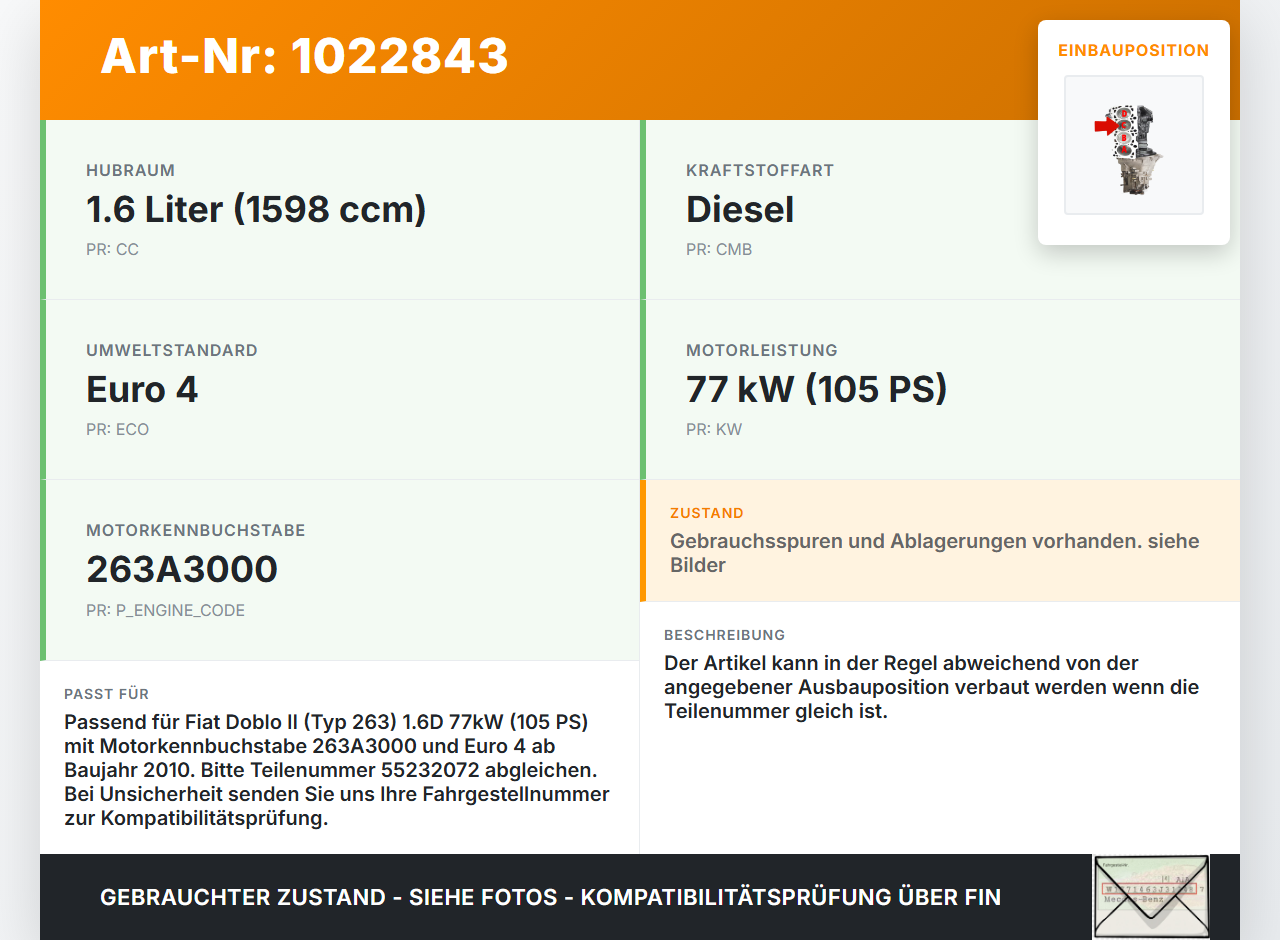 Fiat Doblo II 263 10-15 1,6D 77KW 263A3000 Kolben mit Pleuel Pos C Fiat Doblo II 263 10-15 30.05.2011 55232072 gebraucht Vorschau 3