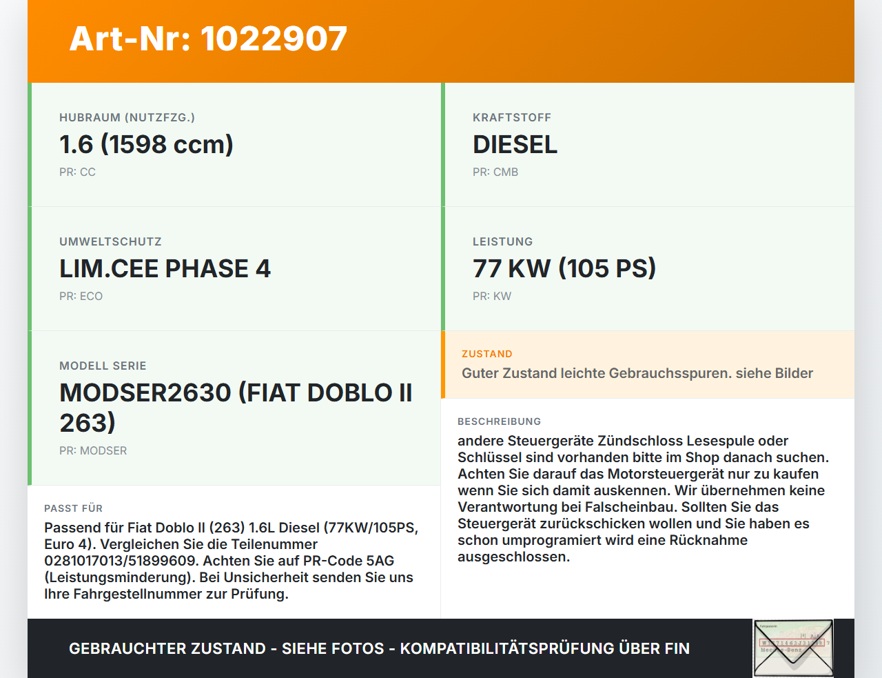 Fiat Doblo II 263 10-15 1,6D 77KW Steuergerät ECU für Motor Motorsteuergerät Fiat Doblo II 263 10-15 30.05.2011... Vorschau 3