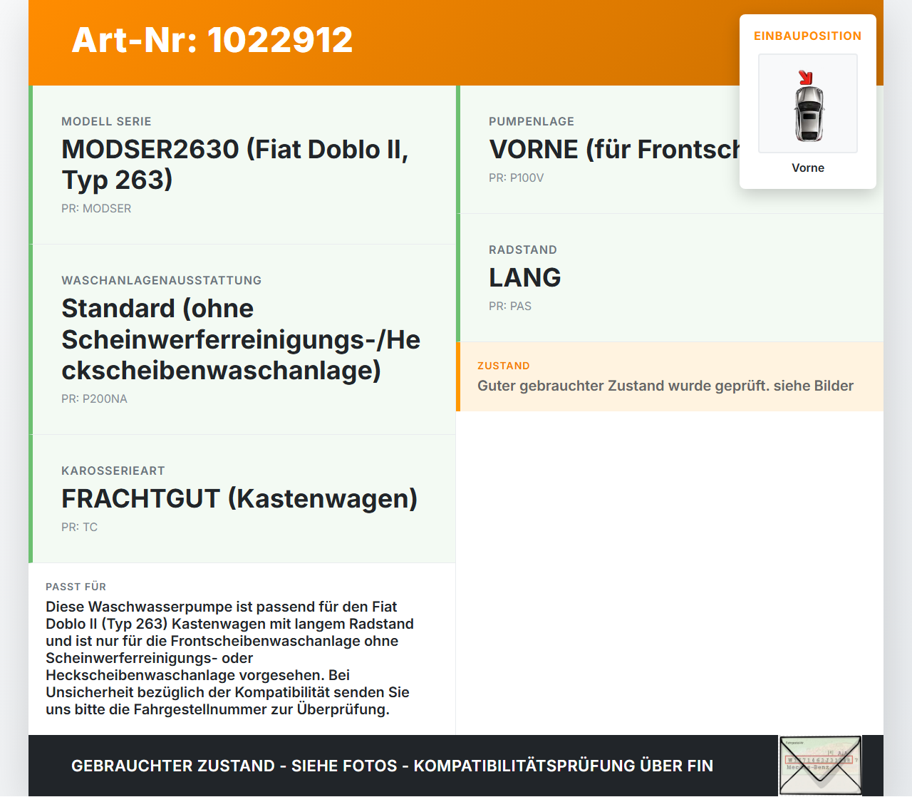 Fiat Doblo II 263 10-15 Waschwasserpumpe Wischwasserpumpe Waschpumpe Vorne Fiat Doblo II 263 10-15 30.05.2011 gebraucht Vorschau 3