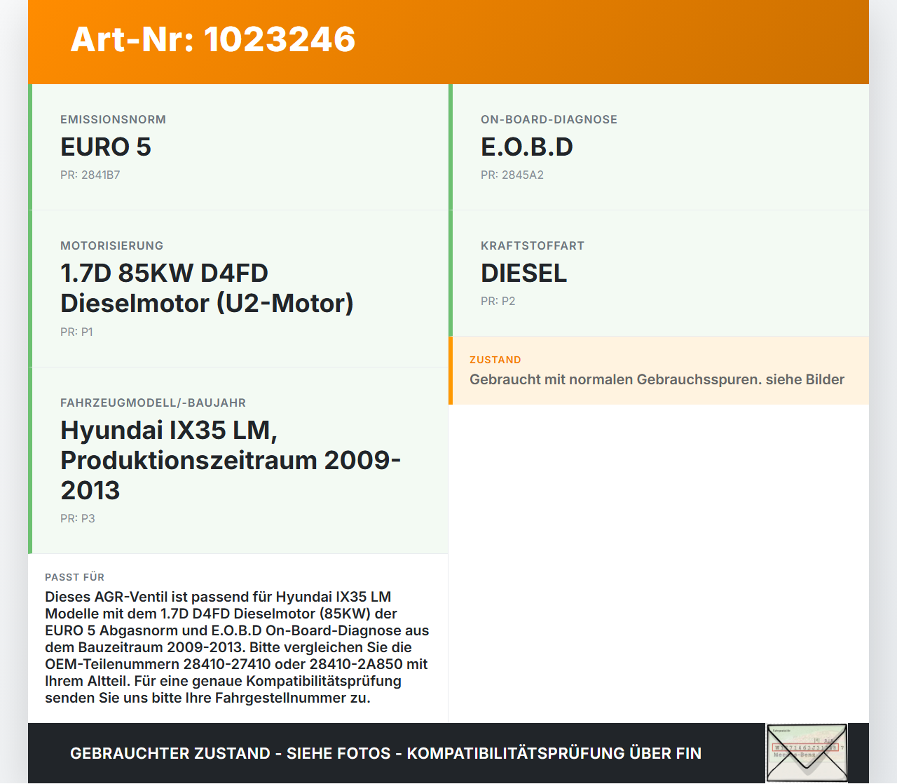 Hyundai IX35 LM 09-13 1,7D 85KW D4FD agr Hyundai IX35 LM 09-13 25.02.2012 28410-27410 28410-2A850 gebraucht Vorschau 3