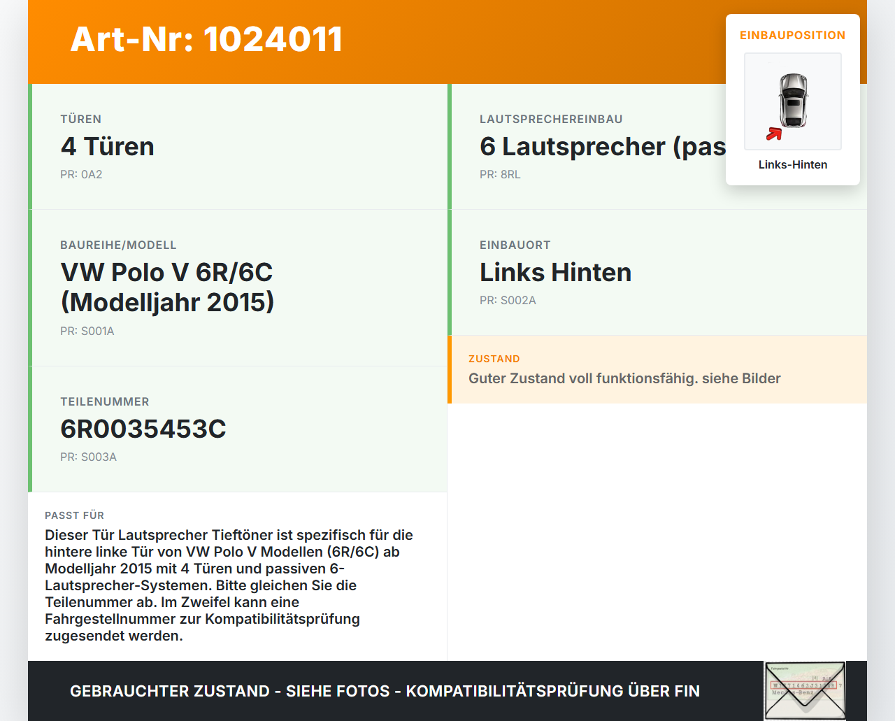 VW Polo V 6R 14-17 Tür Lautsprecher Tieftöner Box Links Hinten VW Polo V 6R 14-17 11.12.2014 6R0035453C... Vorschau 3