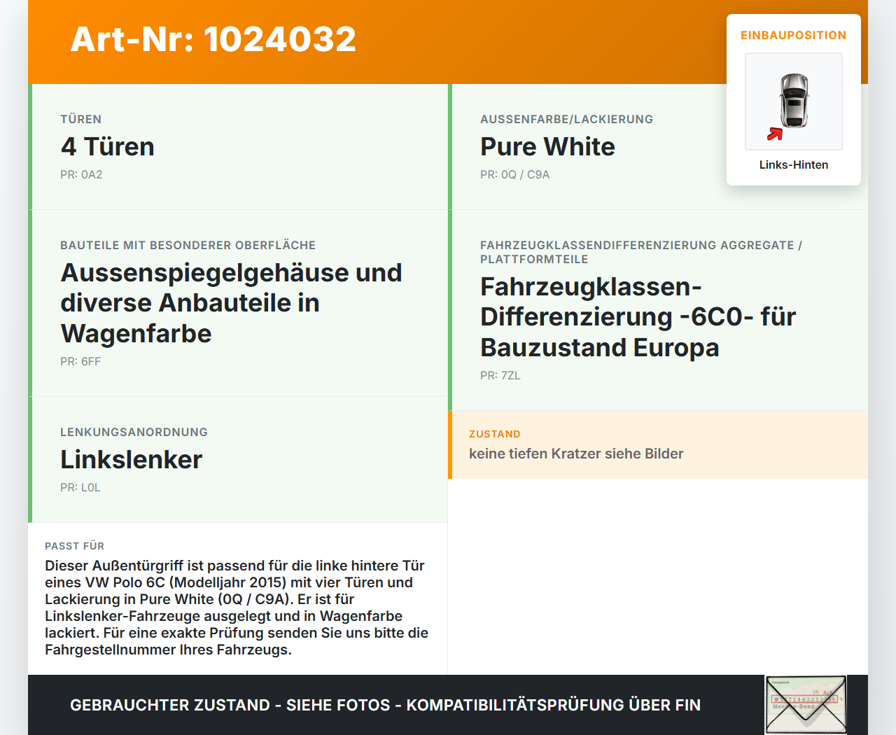 VW Polo V 6R 14-17 5T Türgriff Außengriff Links Hinten 0Q / C9A VW Polo V 6R 14-17 11.12.2014 5J0839885A R589885... Vorschau 3