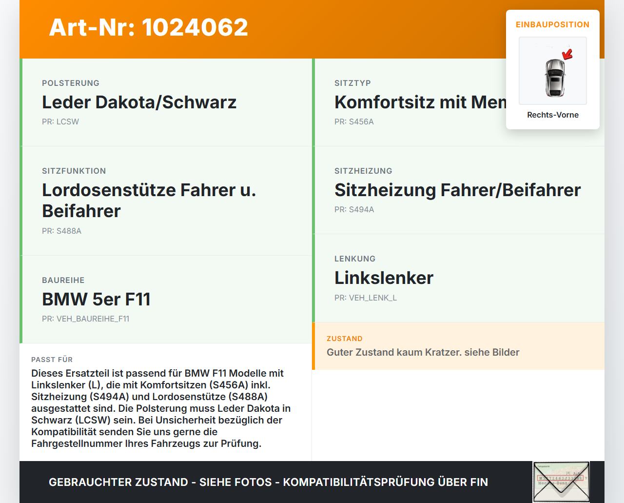 BMW F11 525d 10-14 Kombi Oberschenkelauflage für Beifahrersitz Rechts Vorne Leder BMW F11 525d 10-14 04.04.2013... Vorschau 3