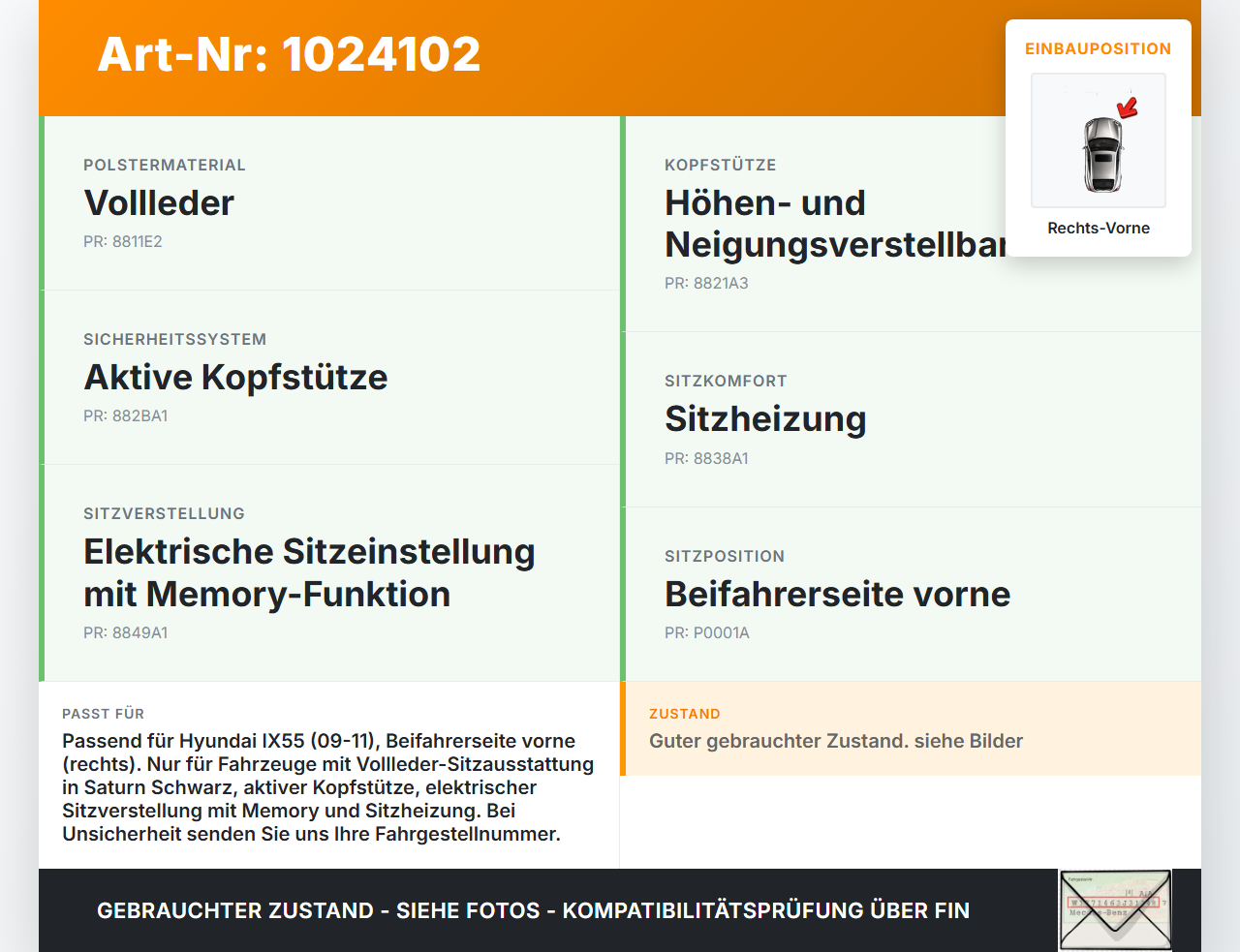 Hyundai IX55 09-11 Kopfstütze Nackenstütze Sitz Rechts Vorne Hyundai IX55 09-11 09.02.2012 886003J030WKH gebraucht Vorschau 3