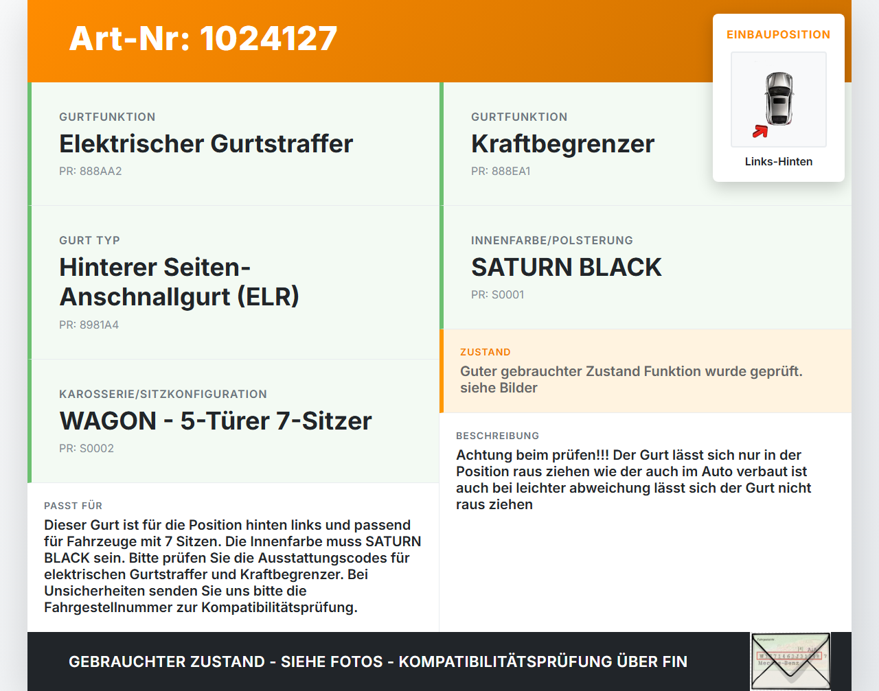 Hyundai IX55 09-11 Gurt Sicherheitsgurt Links Hinten Hyundai IX55 09-11 09.02.2012 045437 gebraucht Vorschau 3