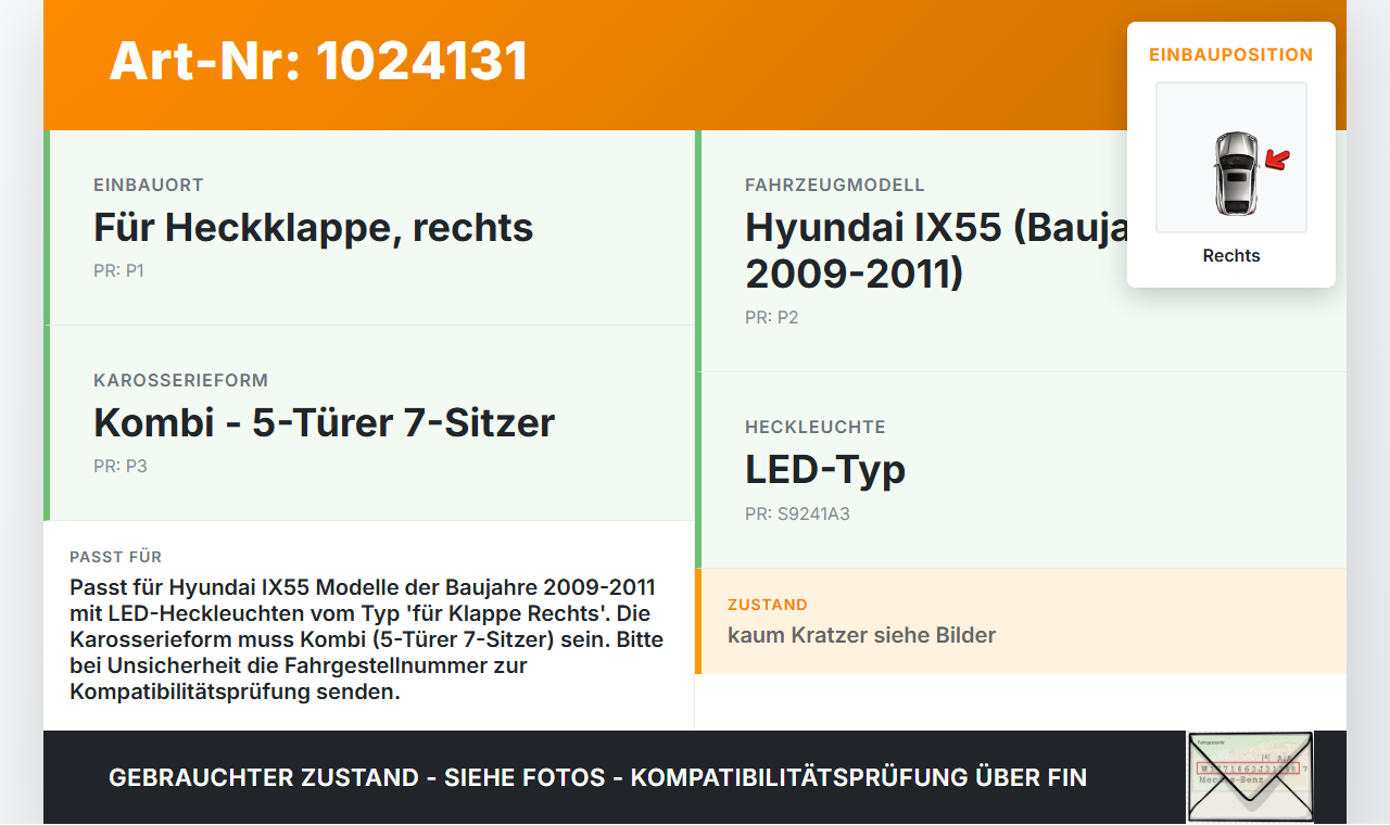 Hyundai IX55 09-11 Rückleuchte Heckleuchte für Klappe Rechts LED Hyundai IX55 09-11 09.02.2012 gebraucht Vorschau 3
