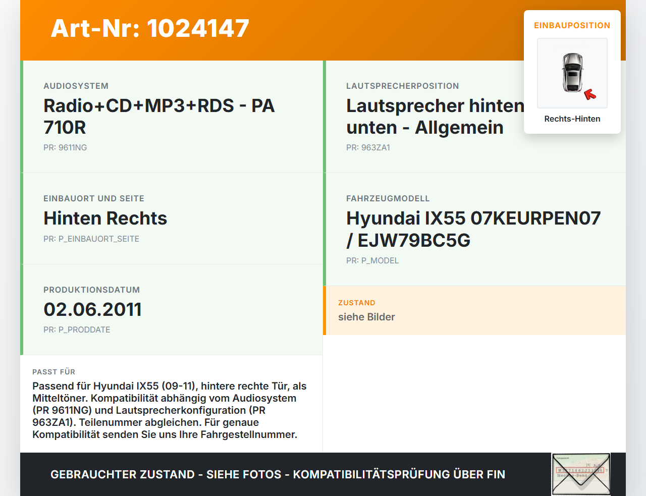 Hyundai IX55 09-11 Lautsprecher Mitteltöner Rechts Hinten Hyundai IX55 09-11 09.02.2012 gebraucht Vorschau 3