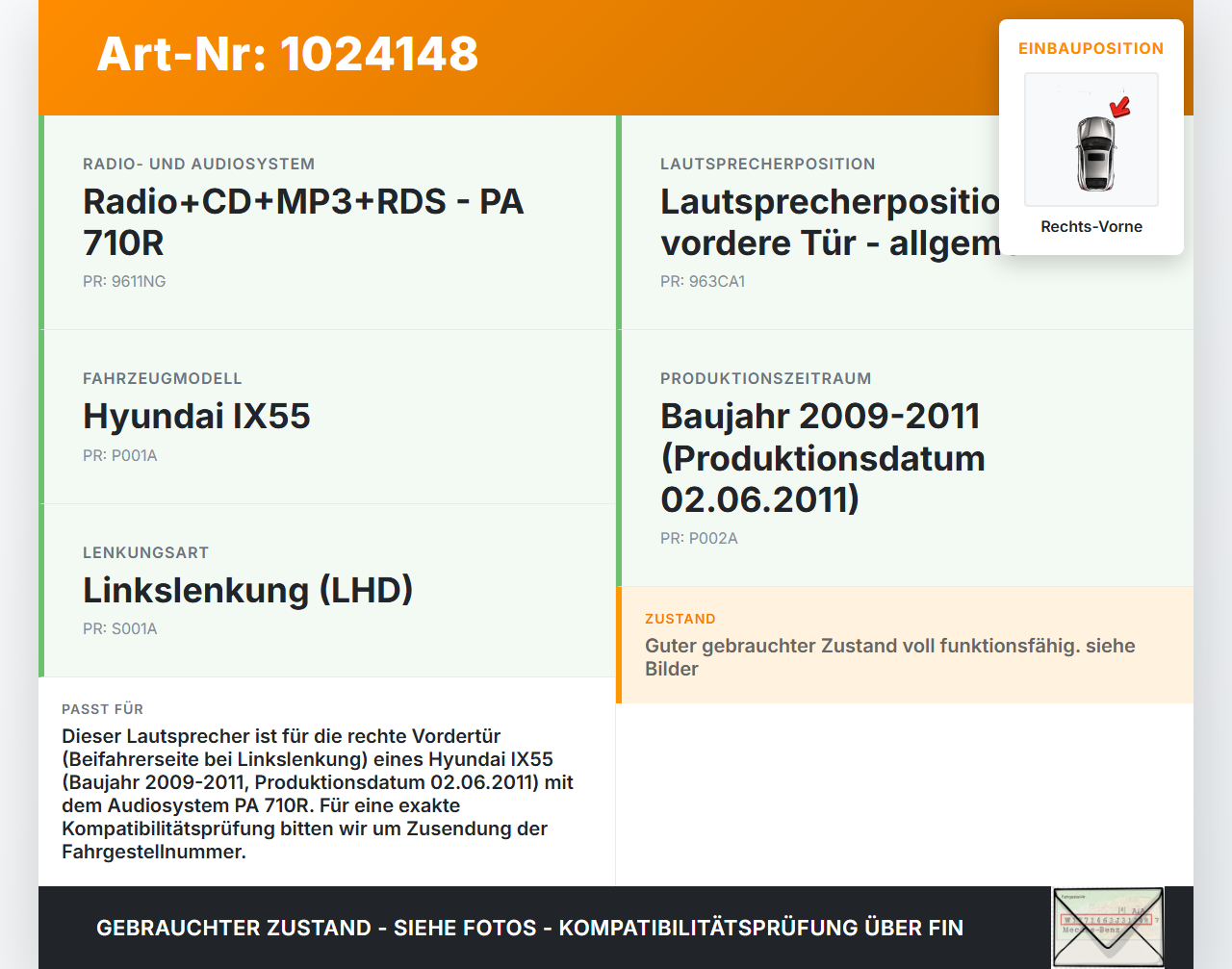 Hyundai IX55 09-11 Lautsprecher Rechts Vorne Hyundai IX55 09-11 09.02.2012 96330-3J000 gebraucht Vorschau 3