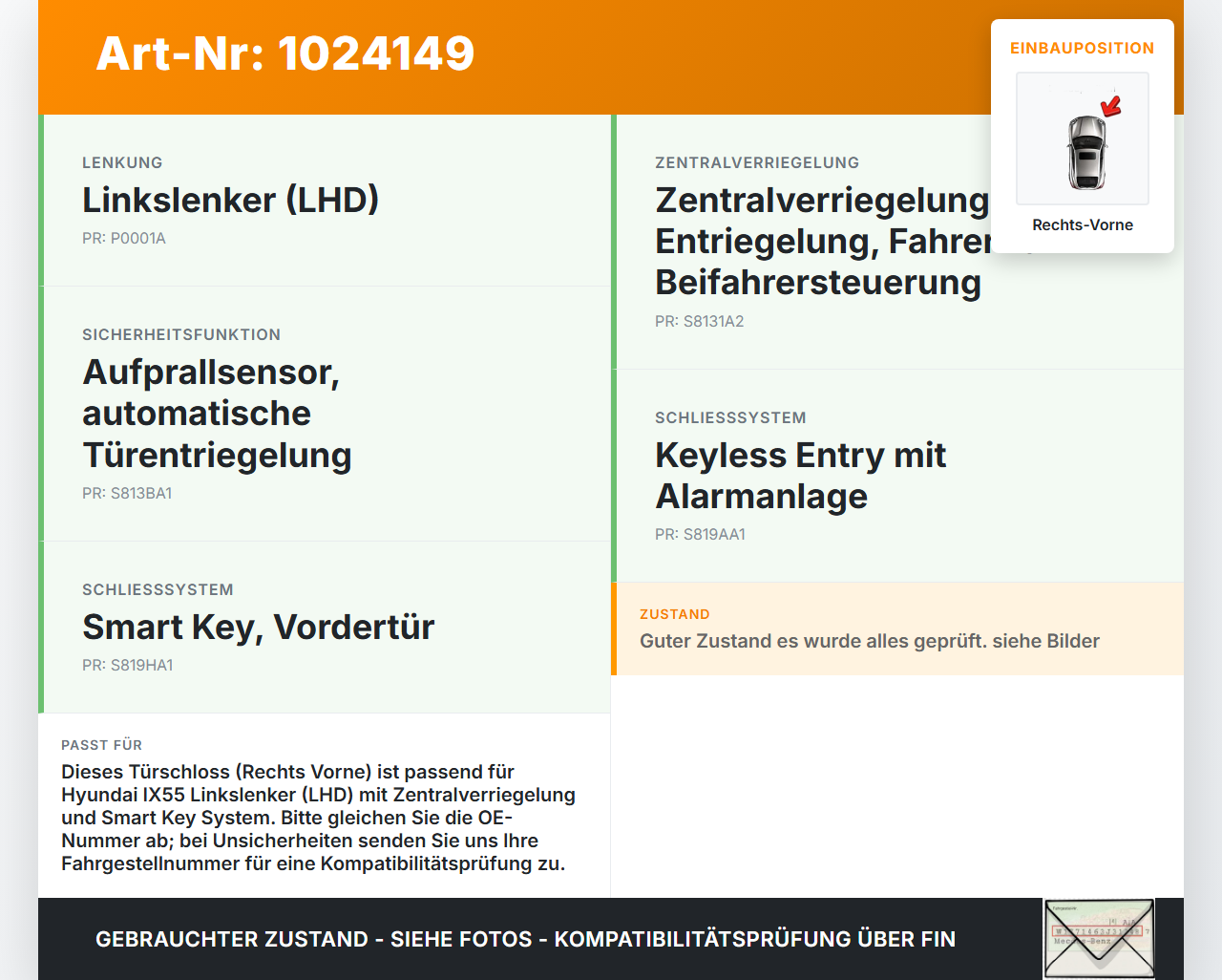 Hyundai IX55 09-11 Türschloss m. ZV Stellmotor Rechts Vorne Hyundai IX55 09-11 09.02.2012 81320-3J040 gebraucht Vorschau 3