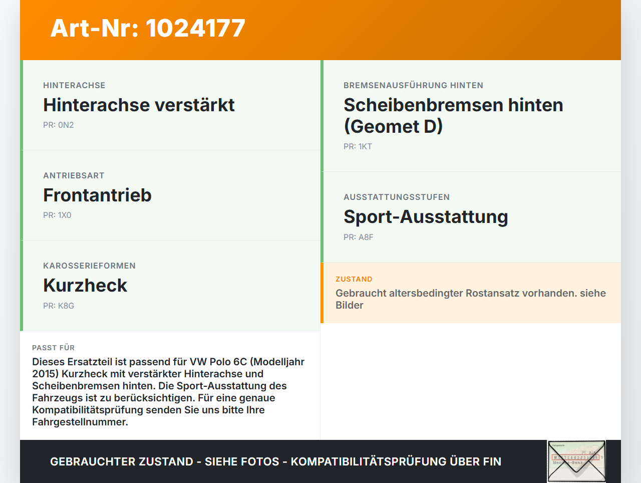 VW Polo V 6R 14-17 5T Hinterachse Achse komplett mit Bremssattel VW Polo V 6R 14-17 11.12.2014 6R0500051B gebraucht Vorschau 3