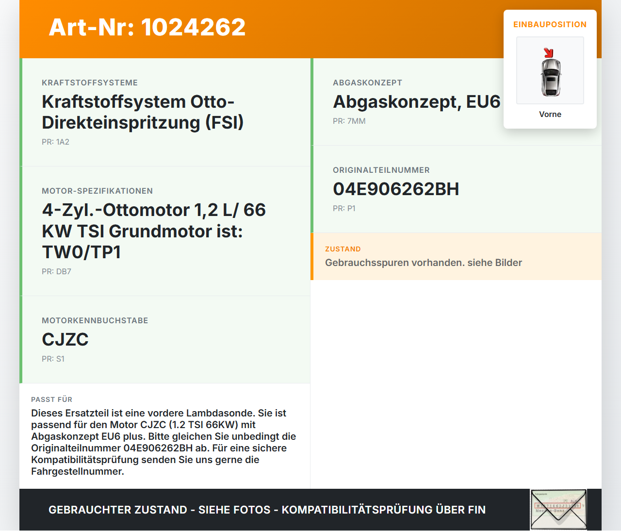 VW Polo V 6R 14-17 TSI 1,2 66KW Lambdasonde Sauerstoffsensor 183 Sensor Abgassonde Vorne VW Polo V 6R 14-17... Vorschau 3
