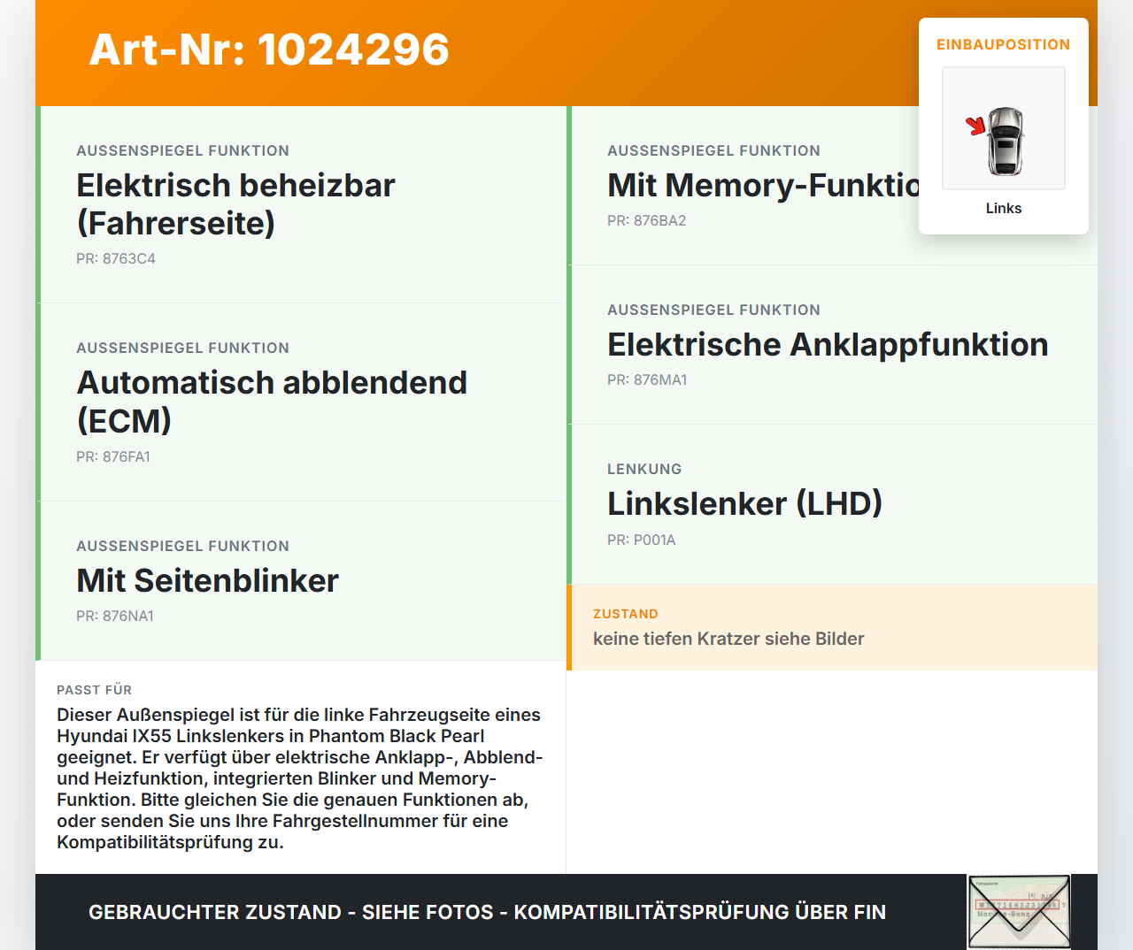 Hyundai IX55 09-11 Außenspiegel Links elektrisch abblendend Blinker Hyundai IX55 09-11 09.02.2012 876103J180 gebraucht Vorschau 3