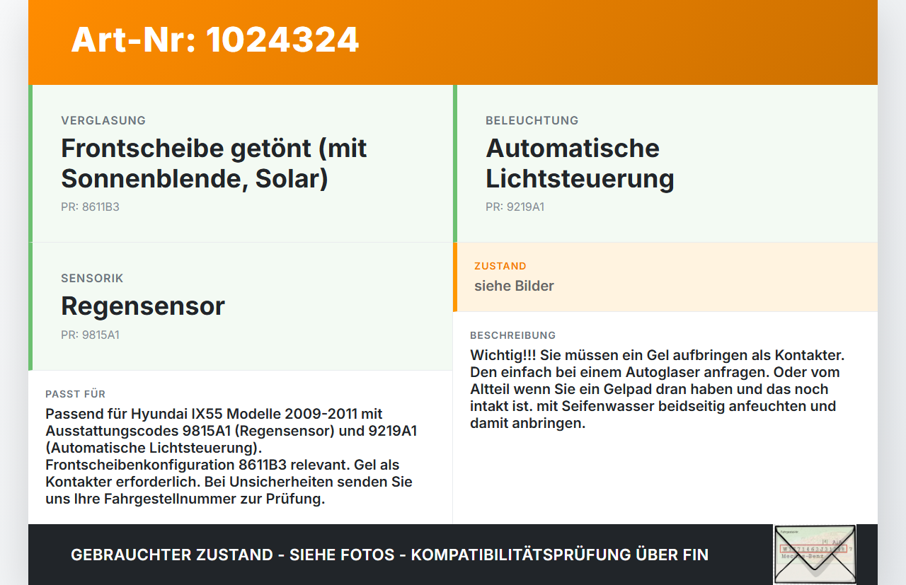 Hyundai IX55 09-11 Regensensor Hyundai IX55 09-11 09.02.2012 96000-3L000 gebraucht Vorschau 3