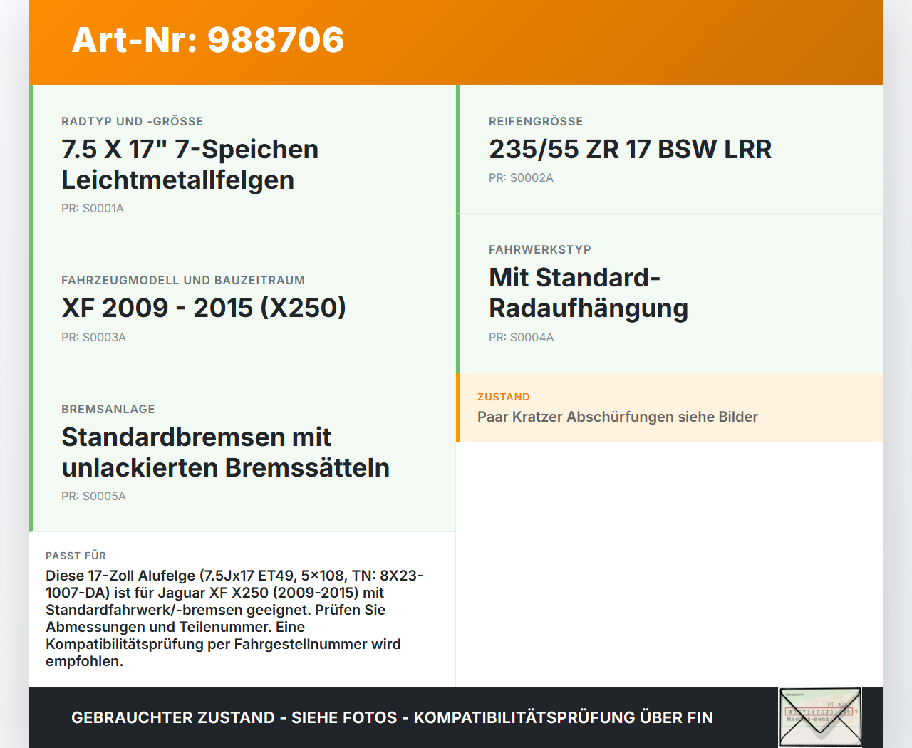 Jaguar XF X250 11-15 1x Felge Alufelge 5X108 7.5X17Zoll ET49 Jaguar XF X250 11-15 19.06.2014 8X23-1007-DA gebraucht Vorschau 3