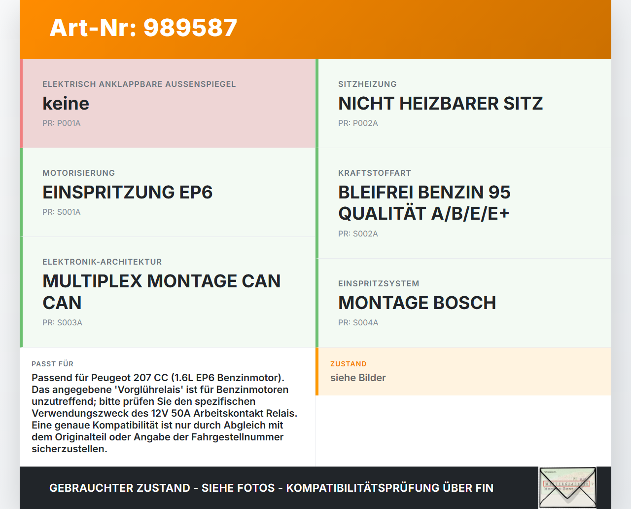 Peugeot 207 CC 09-15 1,6 88KW Relais 12V 50A Peugeot 207 CC 09-15 30.04.2007 250030 gebraucht Vorschau 3