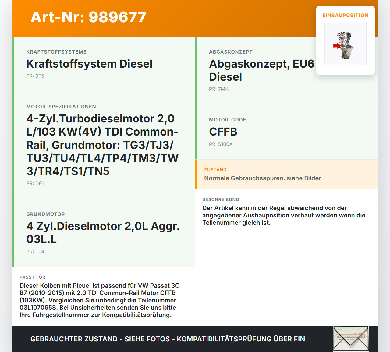 VW Passat 3C B7 10-15 2,0d 103KW CFFB Kolben mit Pleuel Pos A VW Passat 3C B7 10-15 06.12.2013 03L107065S... Vorschau 3