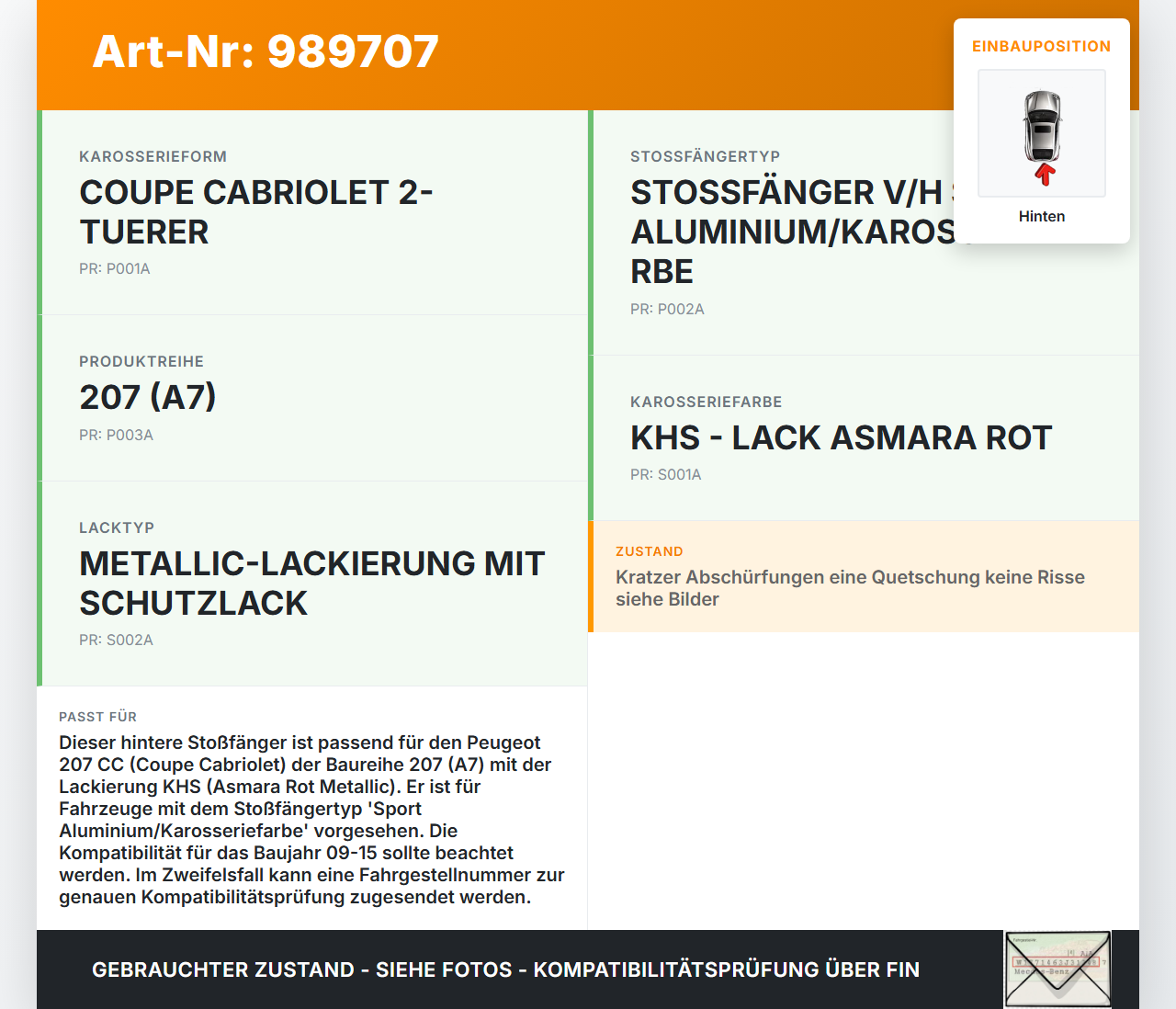 Peugeot 207 CC 09-15 Cabriolet Stoßstange Stoßfänger Hinten KHS Peugeot 207 CC 09-15 30.04.2007 9654549377... Vorschau 3