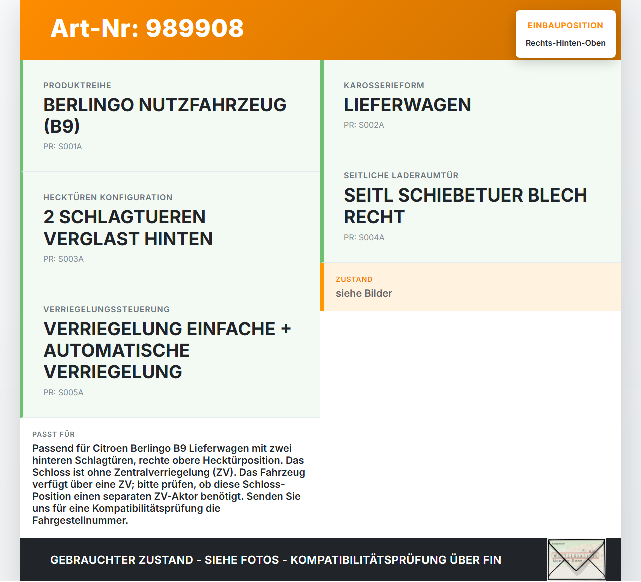 Citroen Berlingo B9 12-18 Lieferwagen Türschloss ohne ZV Rechts Hinten Oben Citroen Berlingo B9 12-18 12.03.2015... Vorschau 3