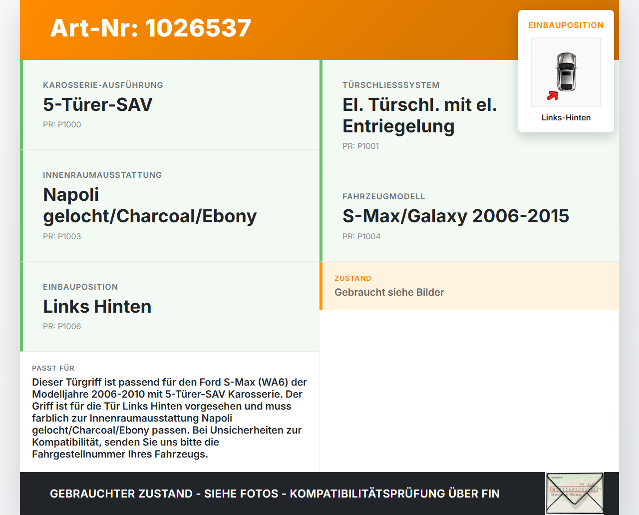 Ford S-Max WA6 06-10 Türgriff Griff Innen Links Hinten Ford S-Max WA6 06-10 27.09.2006 6M21-U22601-BA gebraucht Vorschau 3