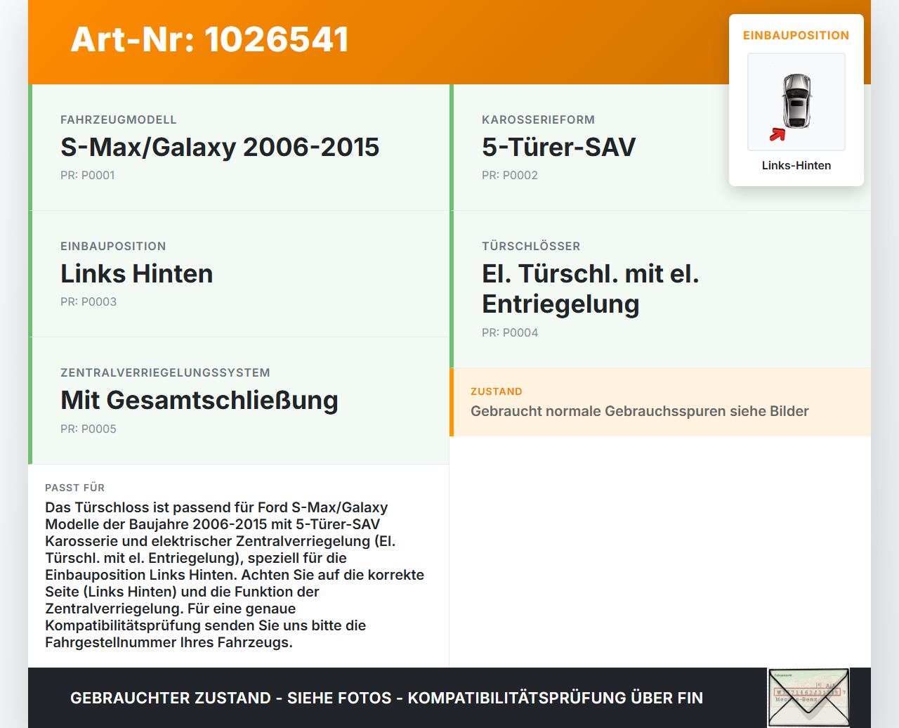 Ford S-Max WA6 06-10 Türschloss m. ZV Stellmotor Links Hinten Ford S-Max WA6 06-10 27.09.2006 6M2A-R26413-BA gebraucht Vorschau 3