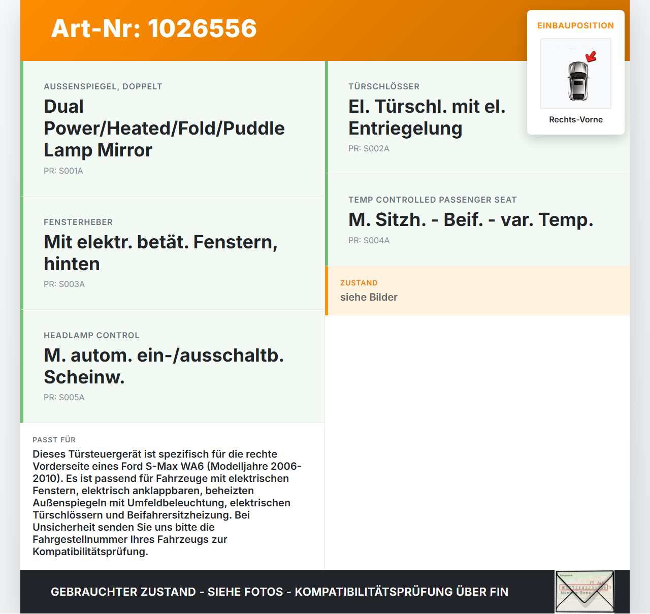 Ford S-Max WA6 06-10 Steuergerät ECU Modul SG Türsteuergerät Rechts Vorne Ford S-Max WA6 06-10 27.09.2006... Vorschau 3