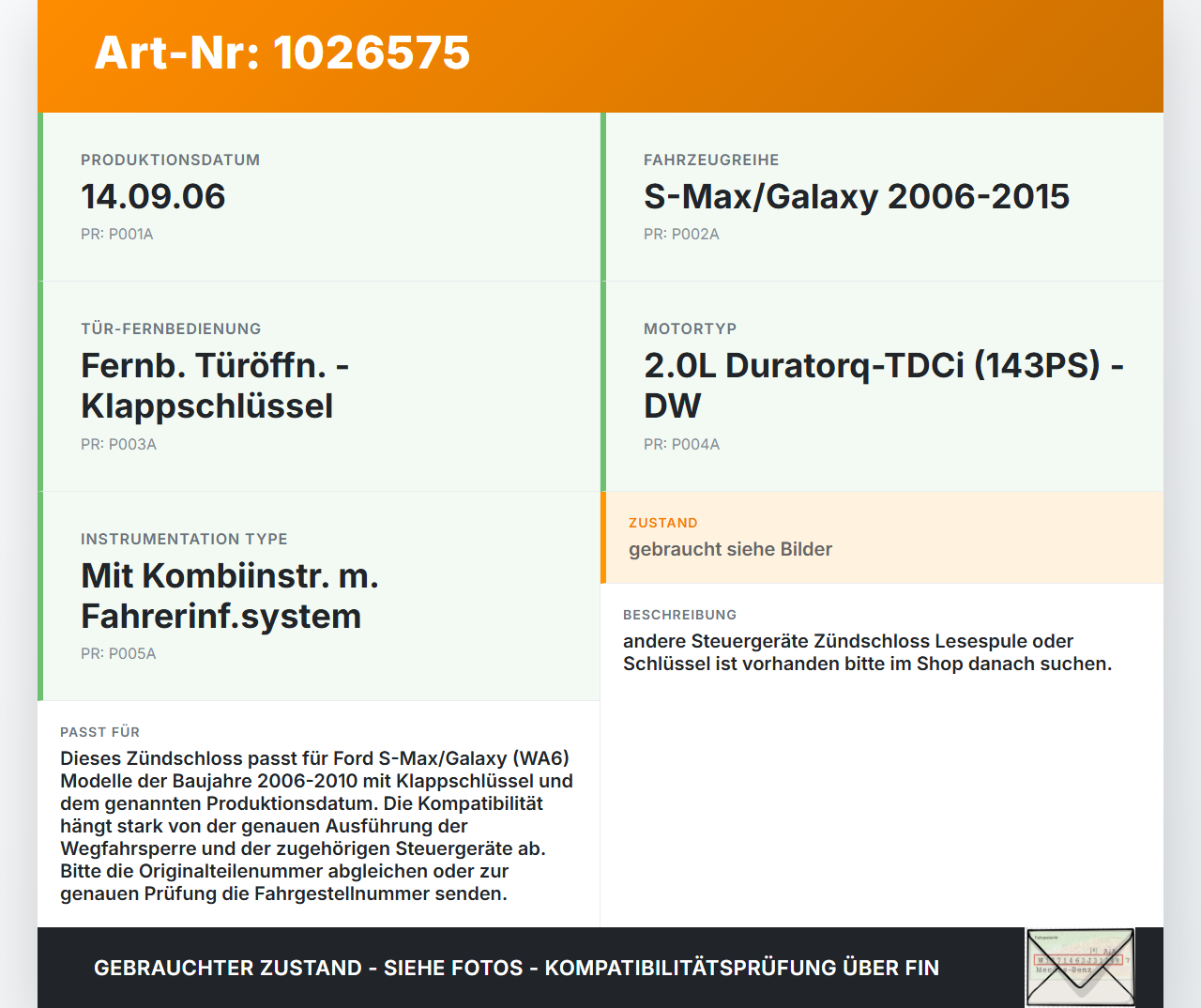 Ford S-Max WA6 06-10 Zündschalter Zündschloss Ford S-Max WA6 06-10 27.09.2006 3M5T-11572-AD gebraucht Vorschau 3