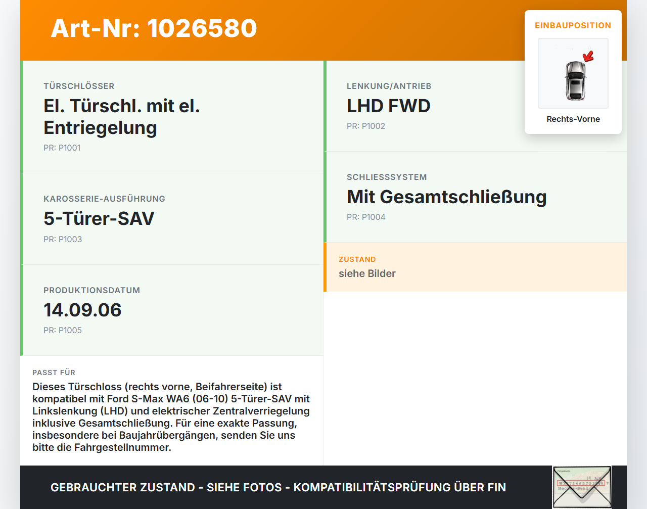 Ford S-Max WA6 06-10 Türschloss m. ZV Stellmotor Rechts Vorne Ford S-Max WA6 06-10 27.09.2006 6M2A-R21812-AA gebraucht Vorschau 3